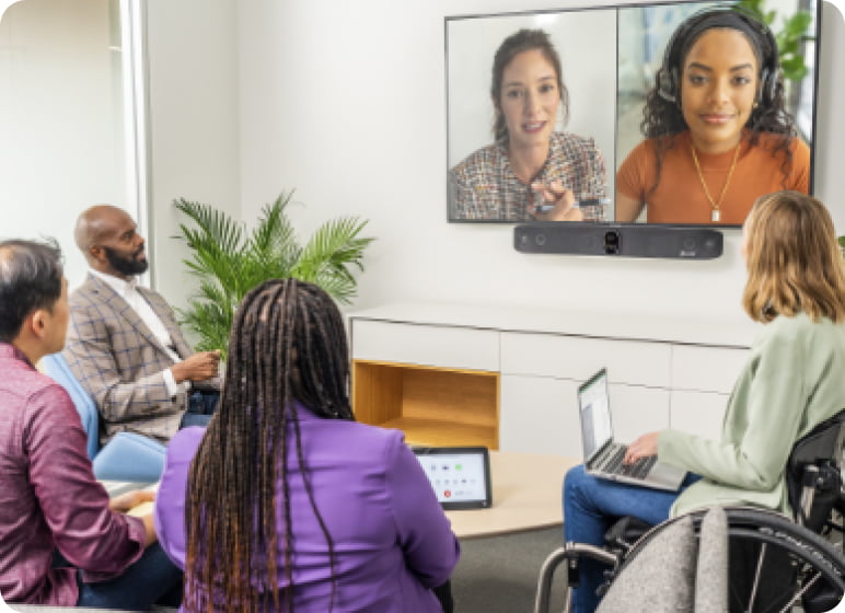 People in a video conference call, using HP Poly CloudConnect powered by Pexip.
