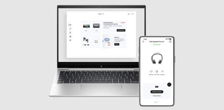 Open laptop and a mobile phone screen, both showing Poly Lens app