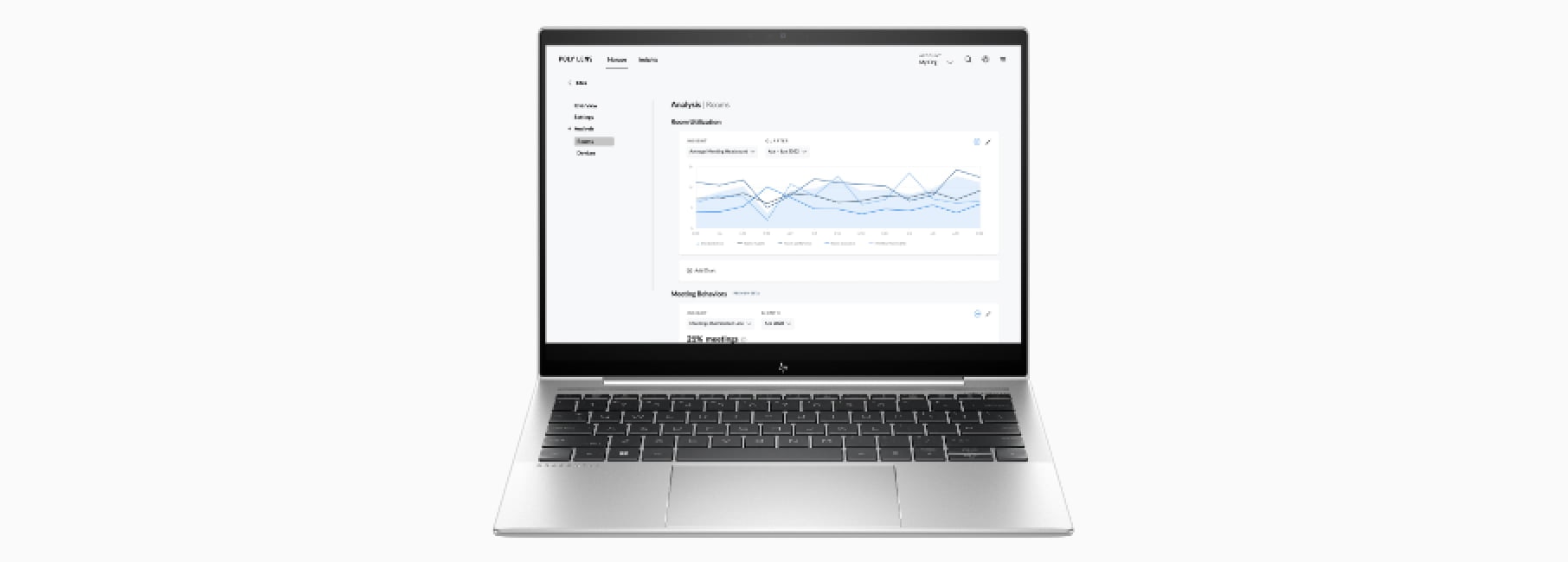 Image of an HP computer, displaying analytics of HP Poly Lens software.