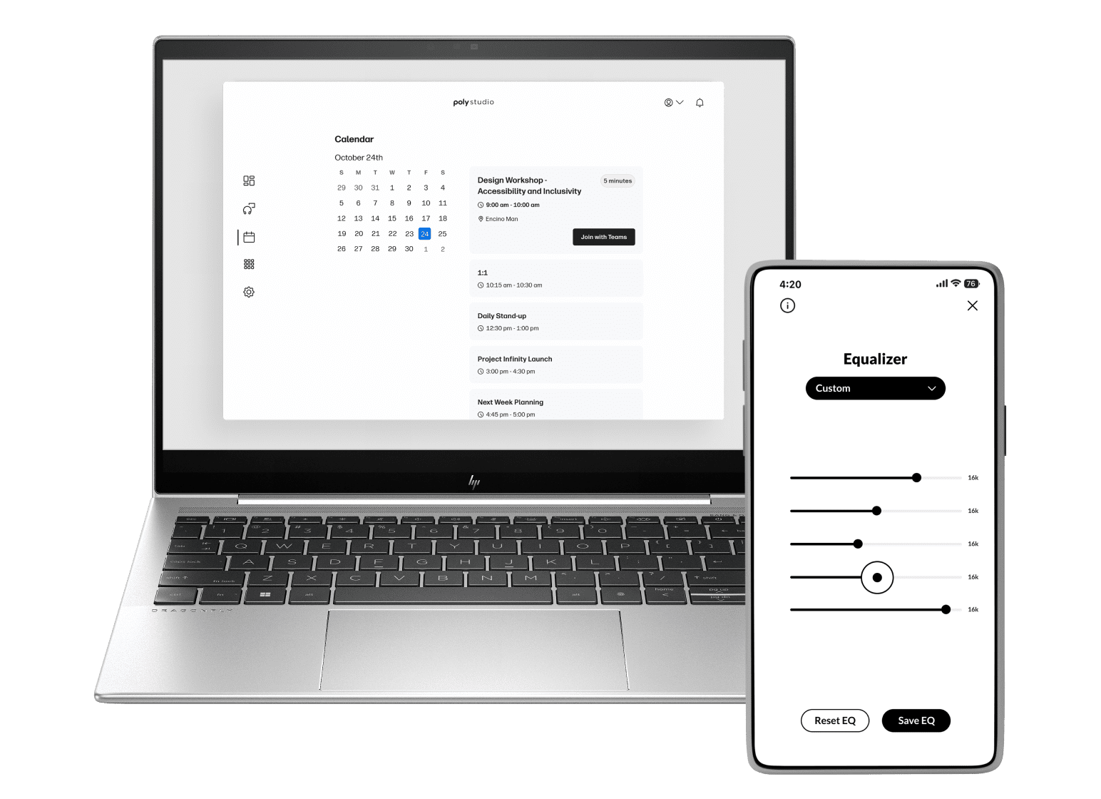 Image of a computer and smart phone displaying the HP Poly Lens App.