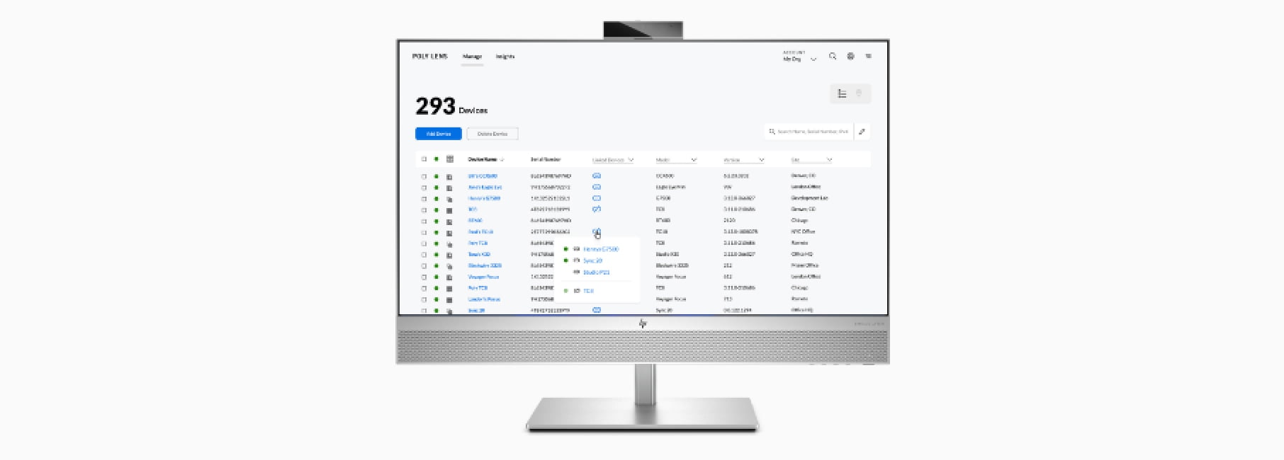 Image of an HP computer, displaying the status of HP Poly Lens software.