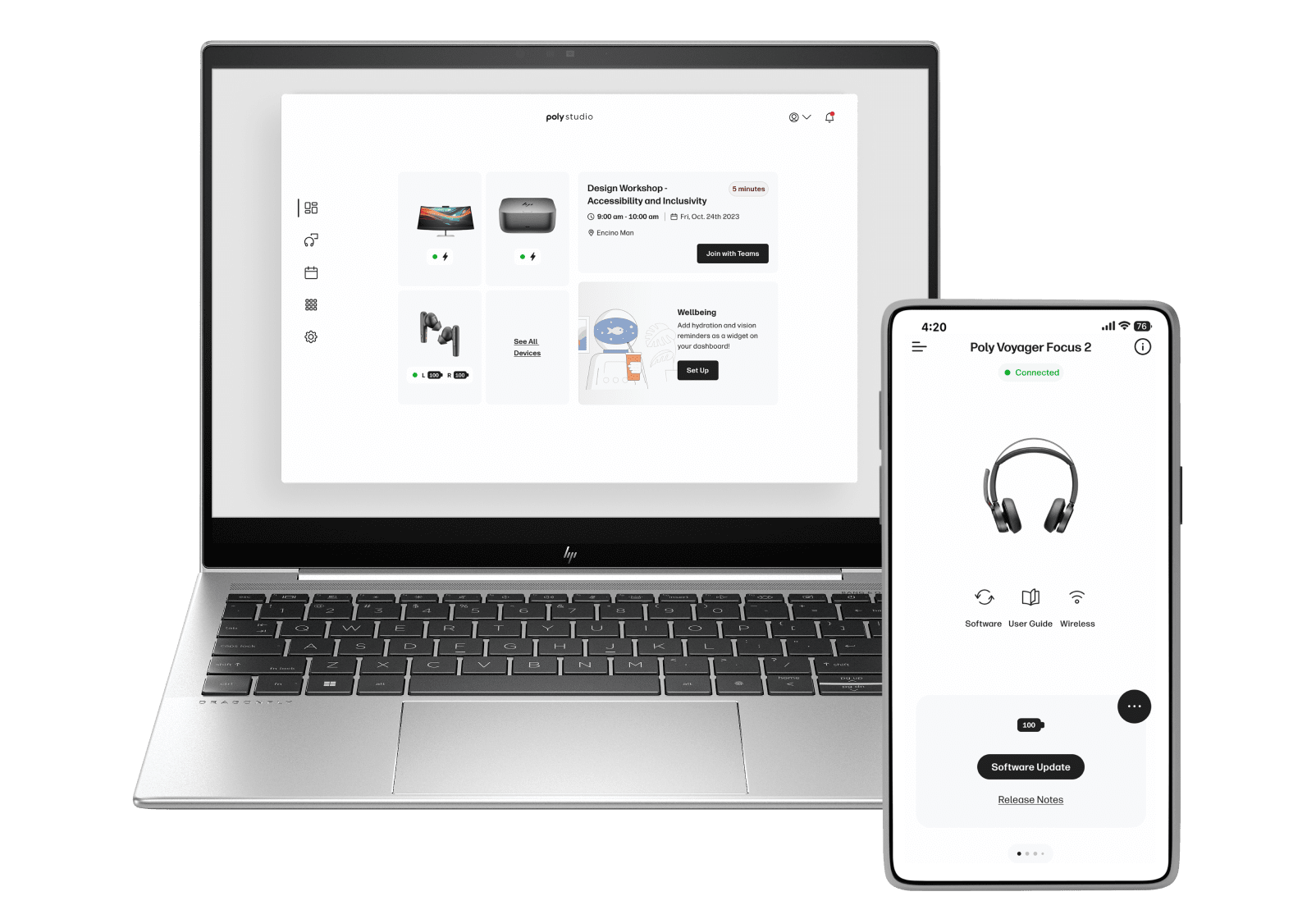 Poly Lens connected device status user interface on laptop and mobile phone screens