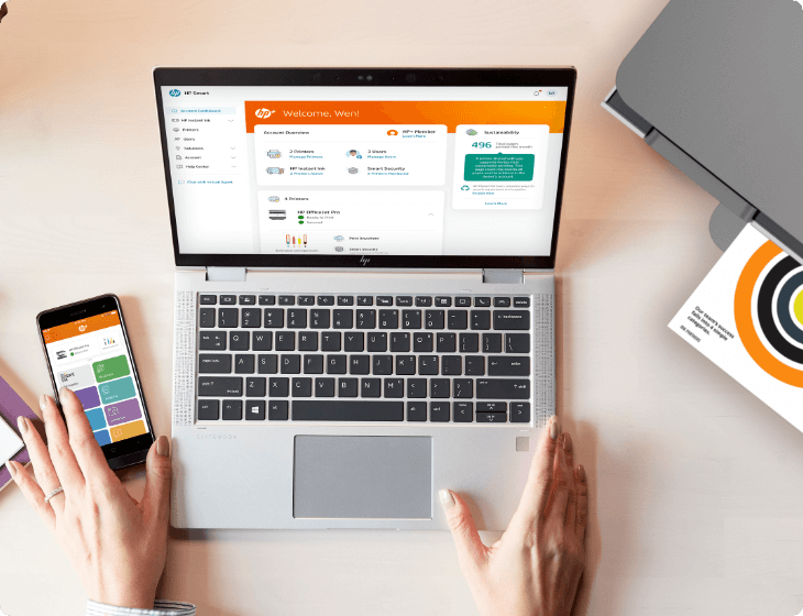 HP Smart App opened in a laptop and a mobile phone