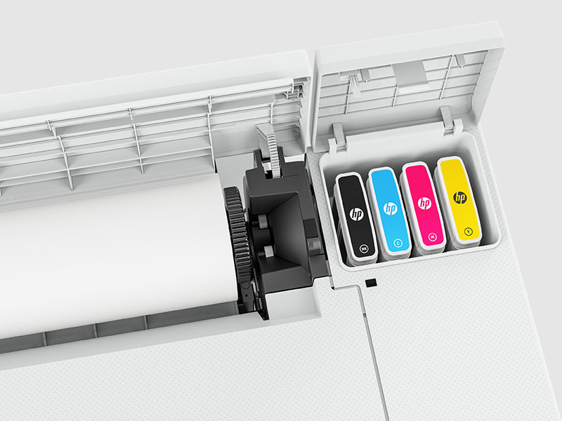 HP DesignJet plotter showing ink cartridges and media roll
