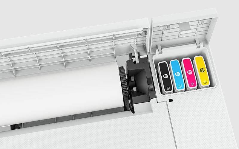 HP DesignJet plotter with ink cartridge area open
