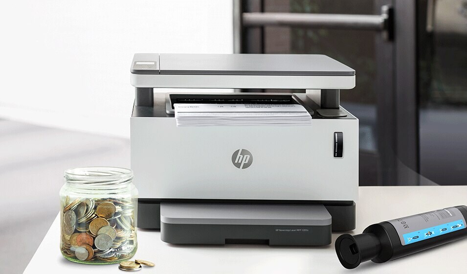 Man and woman discussing business with HP Neverstop cartridge-free laser printer in foreground