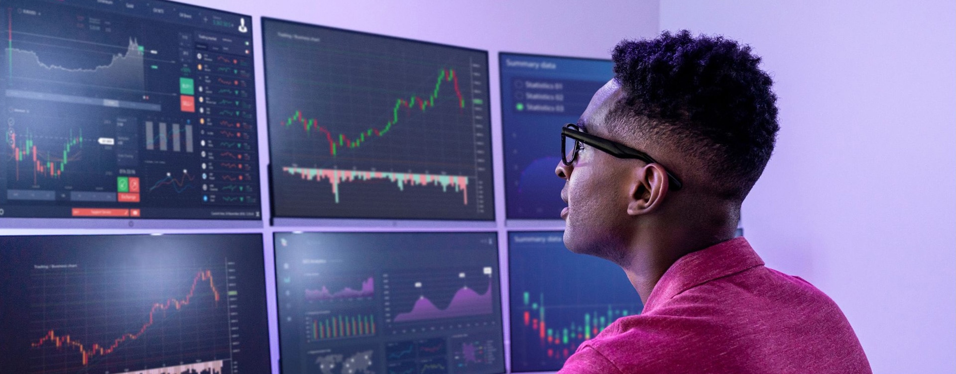 Male analyzing graphics on multiple HP displays