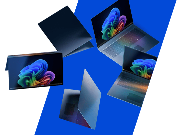 电脑拼贴画，屏幕上用倾斜的蓝色条纹绘制出彩色图像。