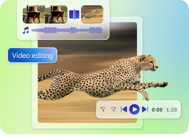 猎豹奔跑的插图，视频编辑界面元素中包括了时间轴、音频波形和视频剪辑。