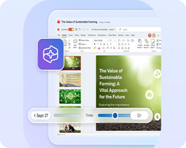 平板电脑屏幕上标题为“可持续农业的价值：通向未来的核心方法” 的演示文件，下面是时间线滑块。
