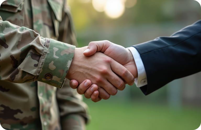 Government and military personnel shaking hands, representing collaboration and mission-focused partnerships