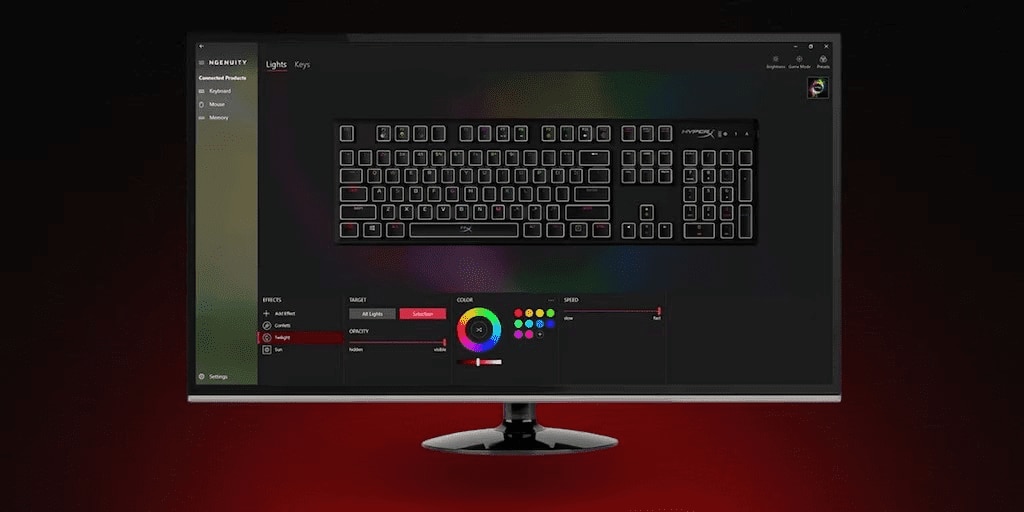 Computer monitor with the HyperX NGENUITY software, used to customize the RGB lighting effects of a keyboard.