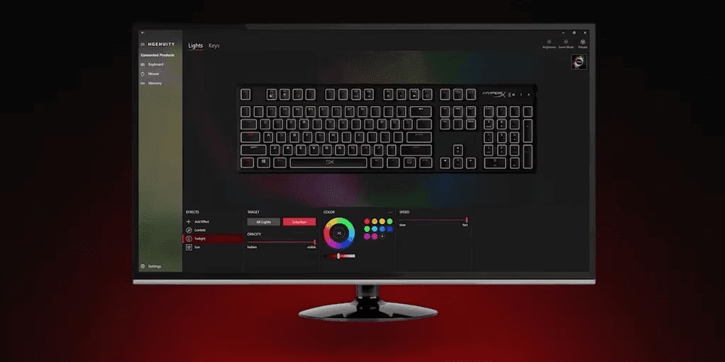 Computer monitor with the HyperX NGENUITY software, used to customize the RGB lighting effects of a keyboard.