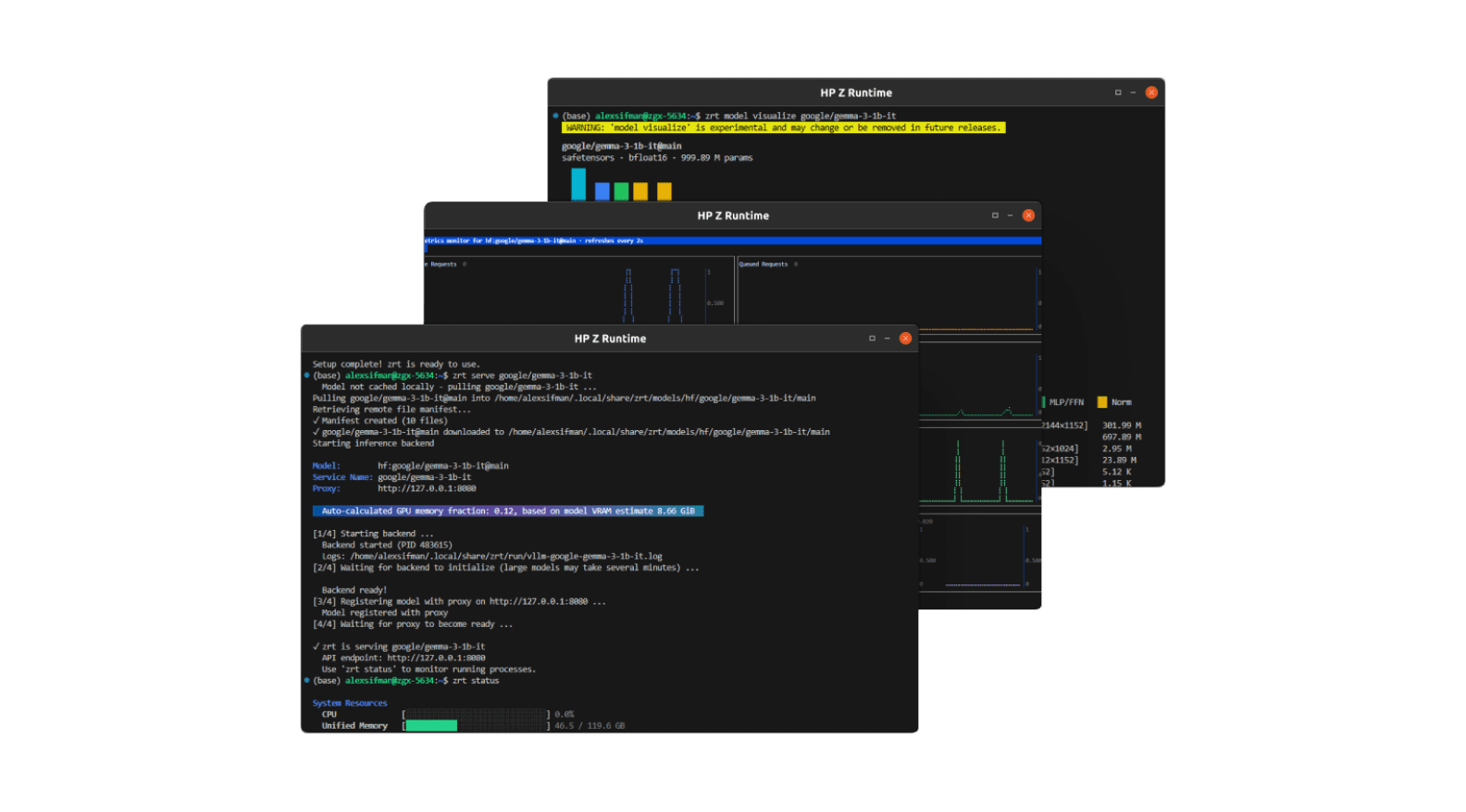 HP Z Runtime interface screenshots.