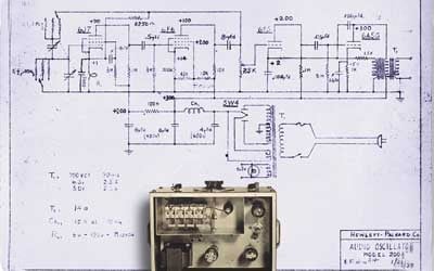 Bill Hewlett's technical drawing of the HP 200A with theoscillator in the foreground. 