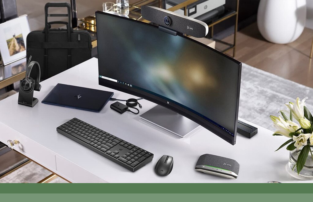 image of a desk setup with HP products