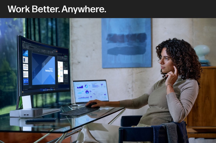 image of a lady working in a cozy office with an HP setup