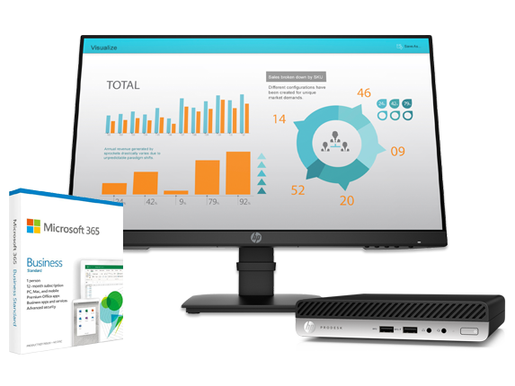 HP ProDesk 400 G5 Desktop Mini PC, 1-Year Microsoft 365 Business + HP P24 G4 24 FHD Monitor Bundle - Center