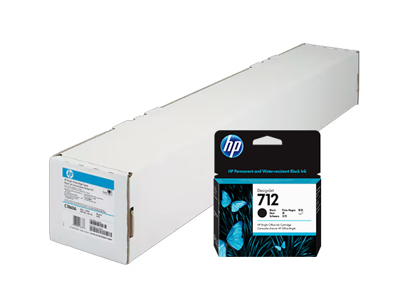 HP 712 80ml Black DesignJet Ink Cartridge & HP Bright White Inkjet Paper - 24 in x 150 ft - Center
