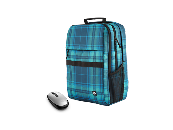 , HP Campus XL Tartan Plaid Backpack + HP 240 Pike Silver Bluetooth Mouse