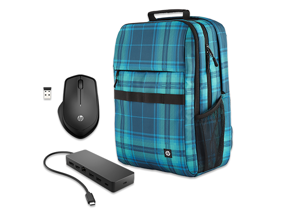 , HP USB-C Hub, Wireless Mouse and Plaid Backpack Bundle for Campus