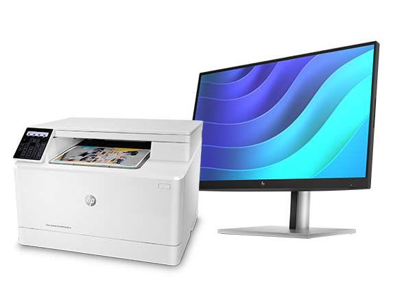 HP E22 G5 FHD Monitor + HP Color LaserJet Pro M182nw Certified Refurbished Printer