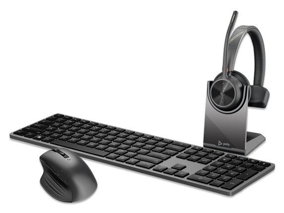 , Poly Voyager 4310-M Headset with charge stand, HP 975 Dual-Mode Wireless Keyboard, + HP 935 Creator Wireless Mouse