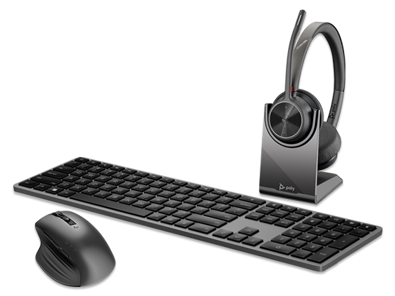 , Poly Voyager 4320-M Headset with charge stand,  HP 975 Dual-Mode Wireless Keyboard, + HP 935 Creator Wireless Mouse