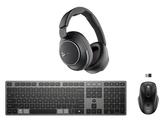 Poly Voyager Surround 80 UC Headset + HP 725 Multi-Device Rechargeable Wireless Keyboard and Mouse Combo Bundle