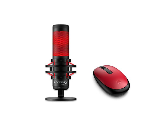 , HyperX QuadCast - USB Microphone (Black-Red) - Red Lighting + HP 240 Empire Red Bluetooth Mouse Bundle