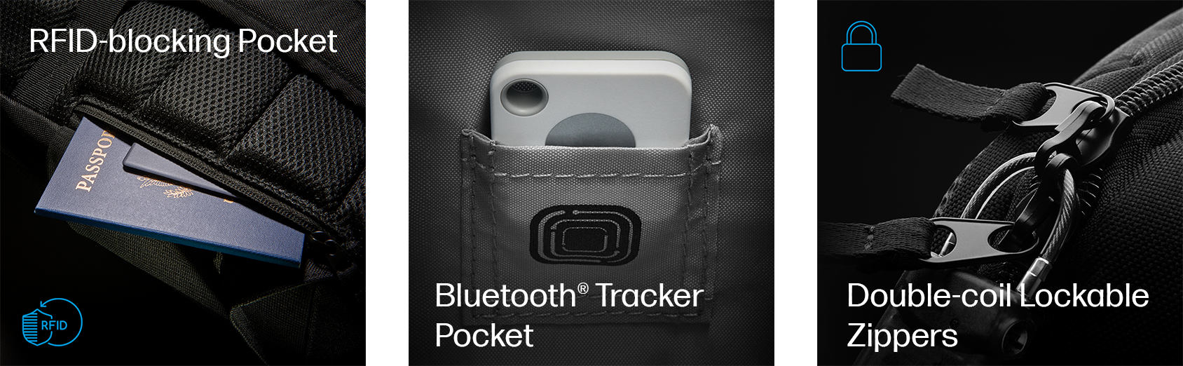 RFID-blocking Pocket, BluetoothÂ® Tracker Pocket and Double-coil Lockable Zippers