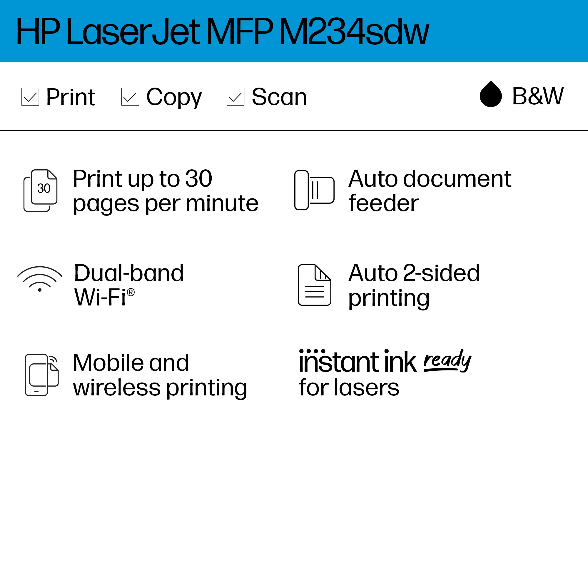 Imprimante multifonction Hp LaserJet M234sdw Laser noir et blanc Copie Scan  - 2 mois d' Instant ink inclus - LASERJET M234SDW