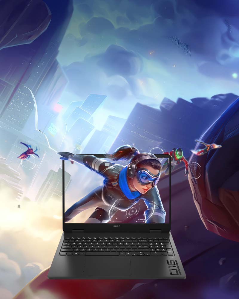 Gaming character poping out the screen of an OMEN 16 Gaming Laptop