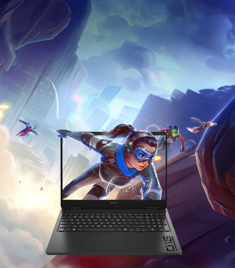 Gaming character poping out the screen of an OMEN 16 Gaming Laptop