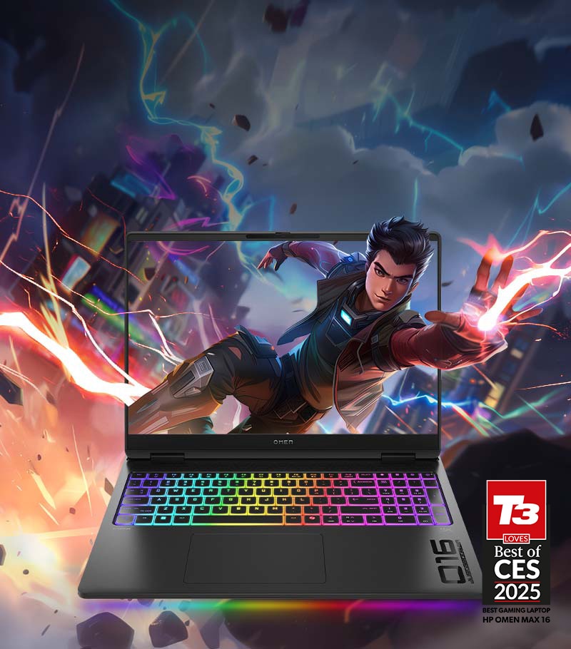 Gaming character poping out the screen of an OMEN Max 16 Gaming Laptop