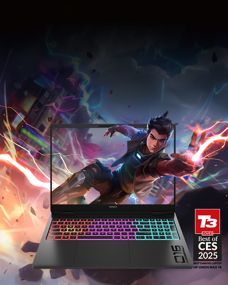Gaming character poping out the screen of an OMEN Max 16 Gaming Laptop