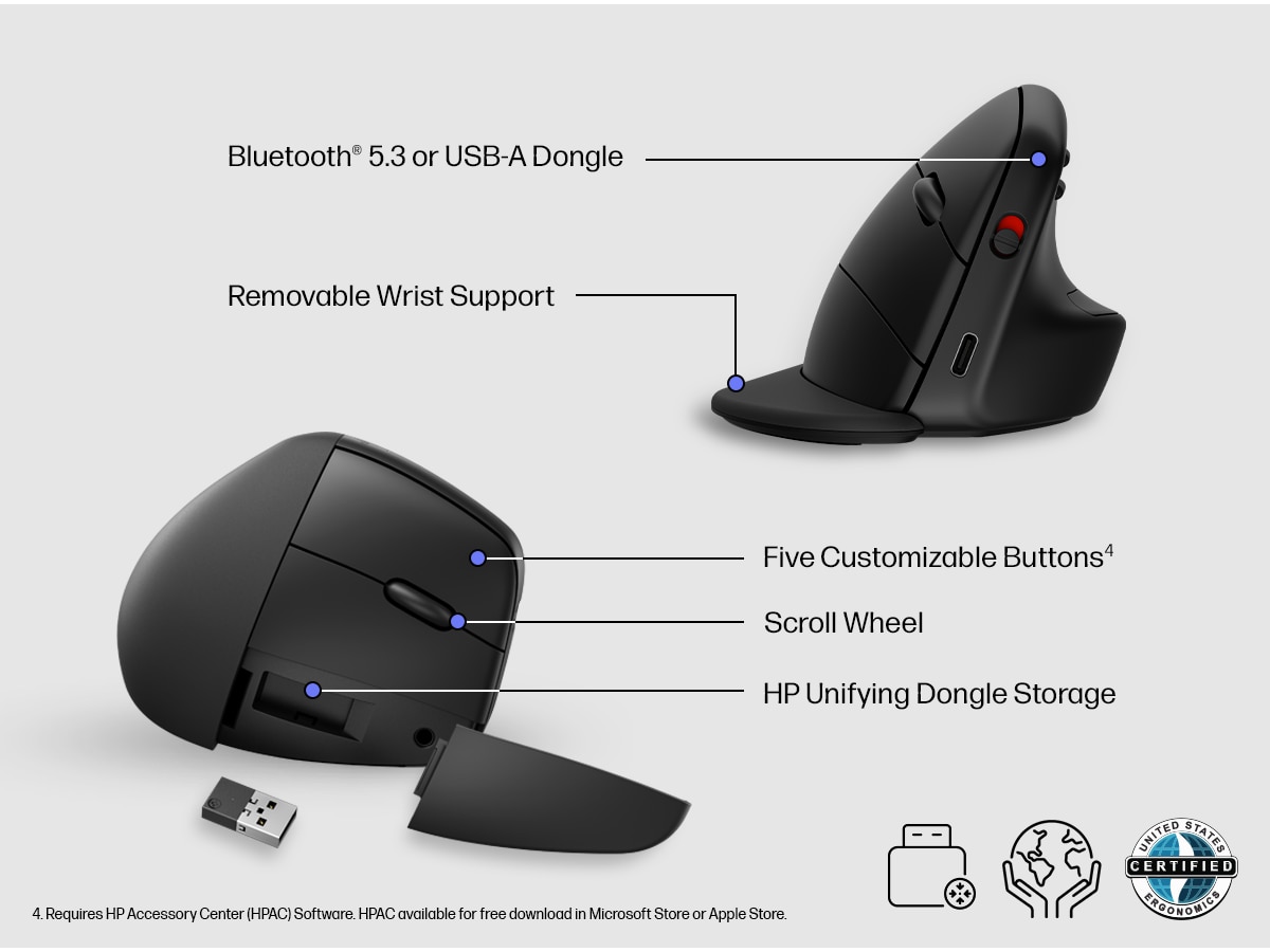 Souris Hp 925 - Souris verticale - 6 boutons - sans fil - 2.4 GHz,  Bluetooth 5.3 - récepteur sans fil USB - noir - emballage durable