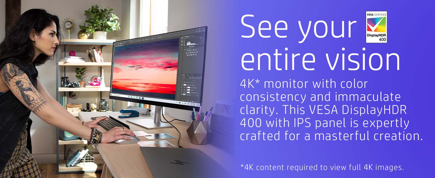 HP Monitor 4K HDR de 31.5 pulgadas 4K, preajuste de color, altura  totalmente ajustable, pantalla de 60 Hz (U32, plateado)