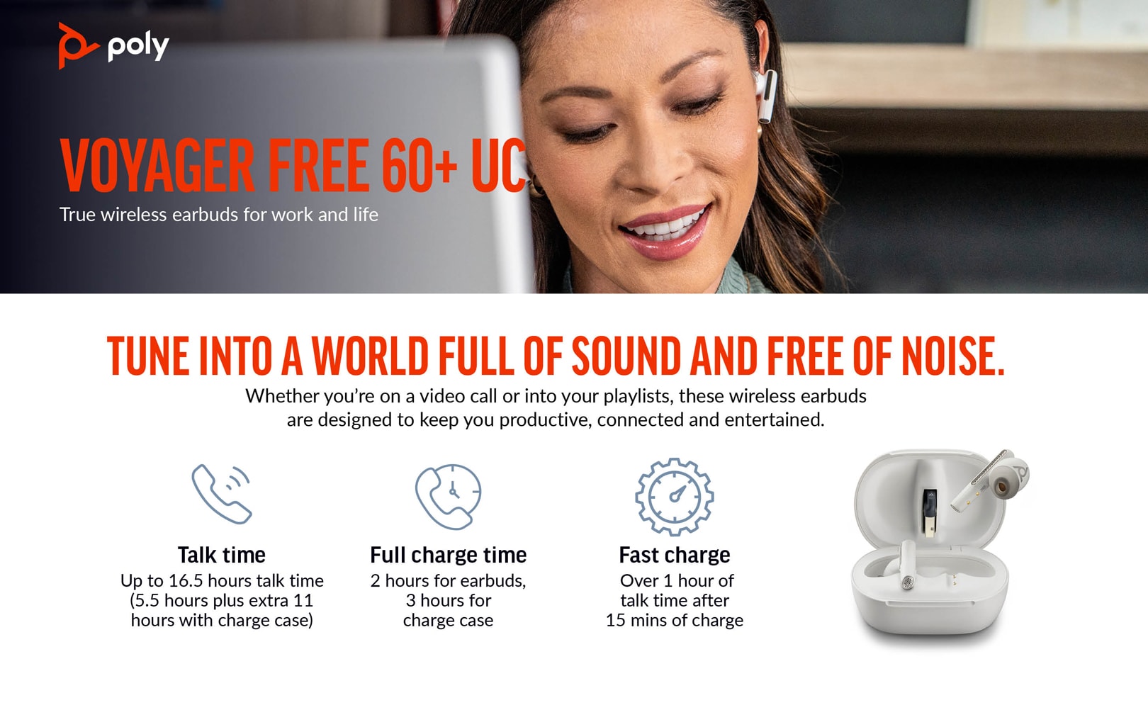 Poly Voyager Free 60+ UC White Sand Earbuds, BT700 USB A adapter,  Touchscreen Charge Case