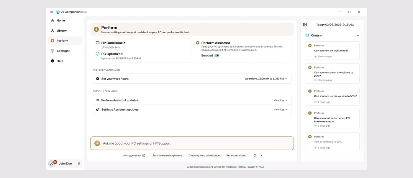 HP AI Companion perform page