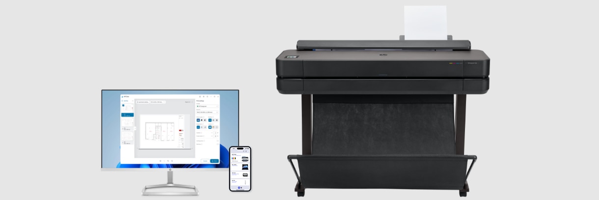 Front view of the HP DesignJet T600 plotter with a monitor and a mobile device on the side